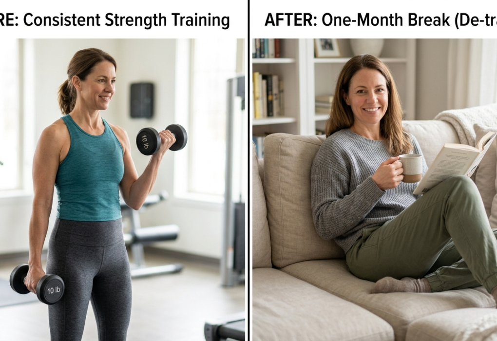 woman over 40 before and after stopping strength training for one month showing muscle tone changes