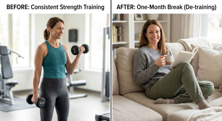 woman over 40 before and after stopping strength training for one month showing muscle tone changes
