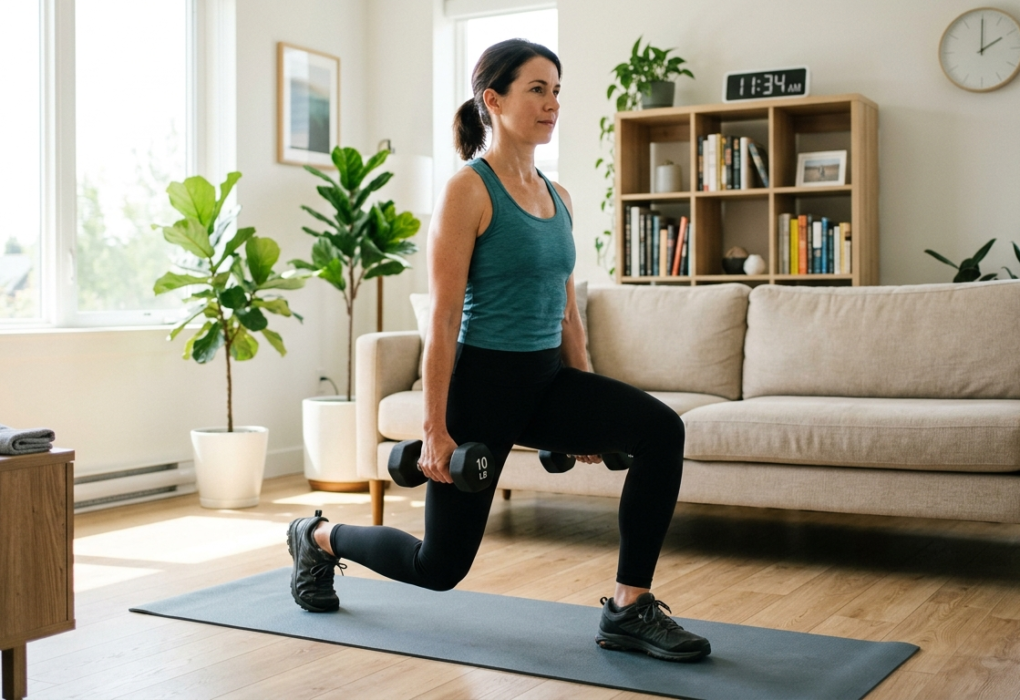 woman over 40 doing bodyweight exercises at home without equipment for quick workout
