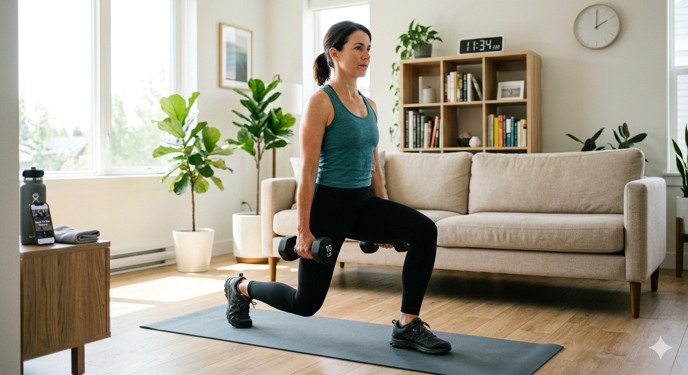 woman over 40 doing bodyweight exercises at home without equipment for quick workout