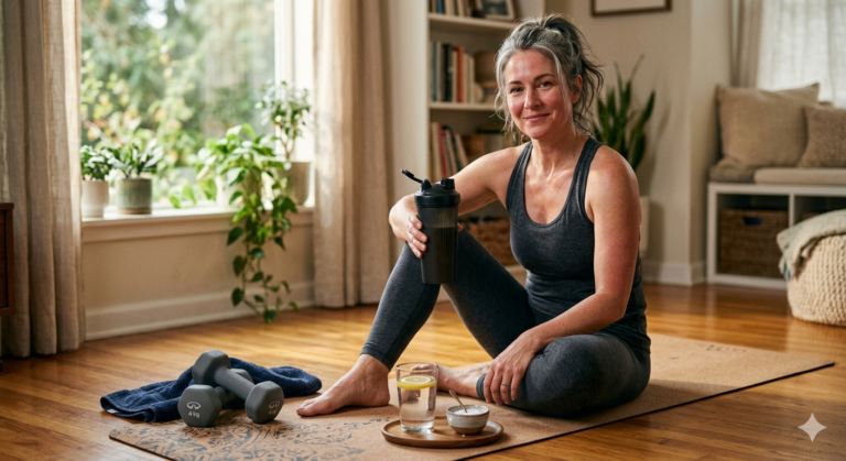 Woman over 40 holding pre-workout banana and yogurt and post-workout grilled chicken with rice in a bright kitchen.