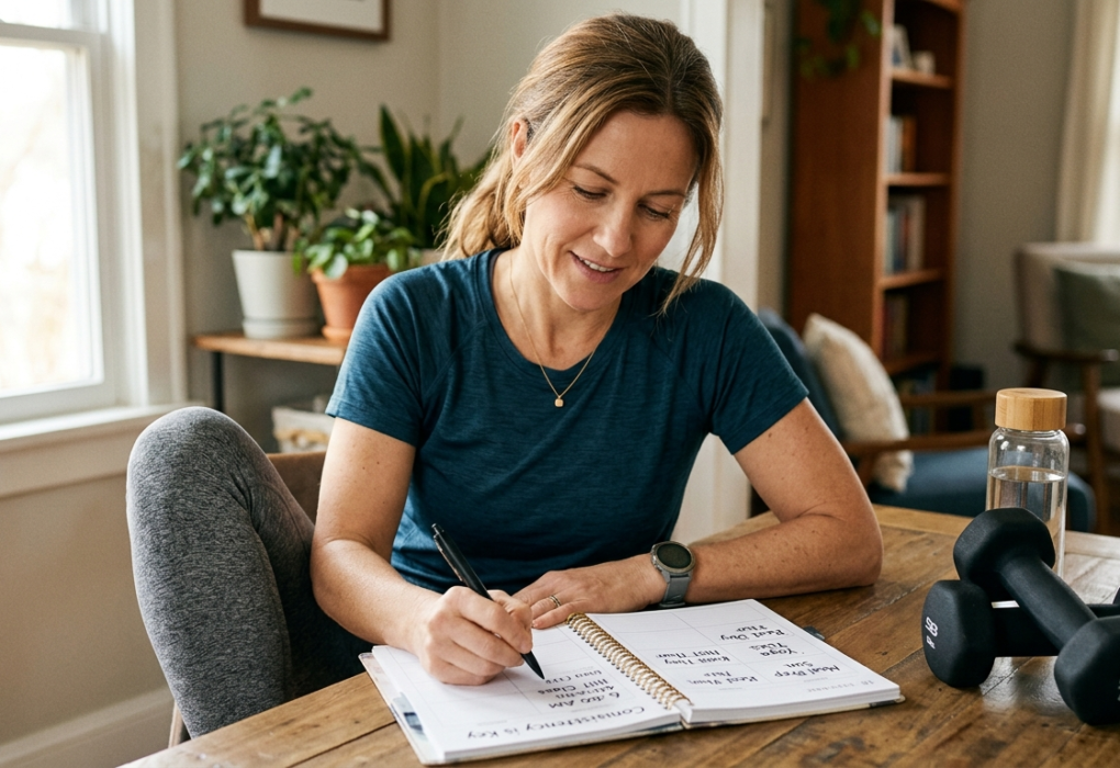 woman planning workout schedule for consistent strength training habit at home