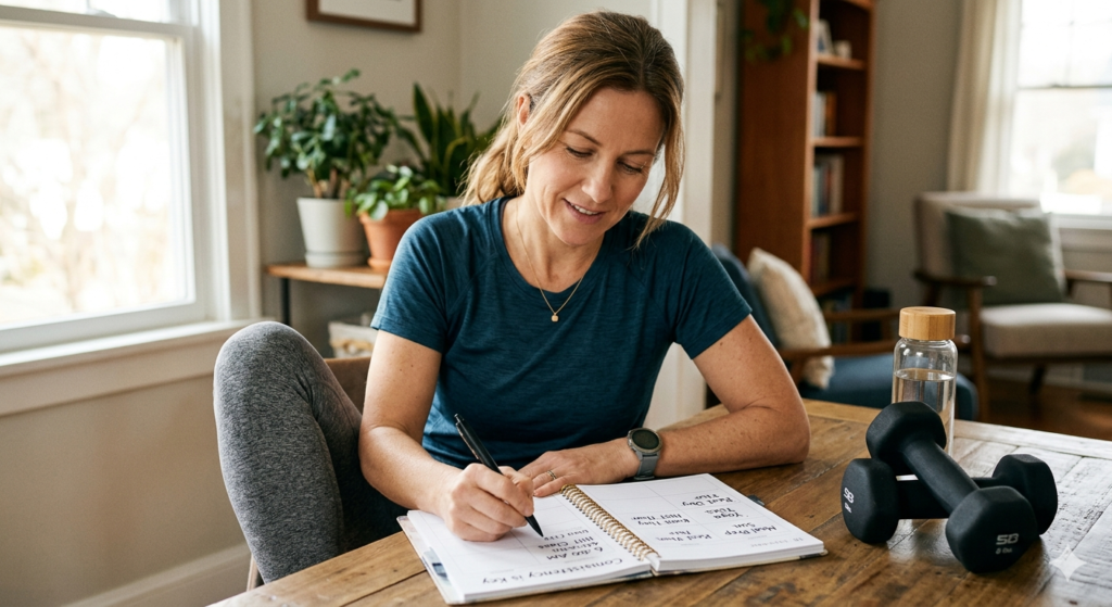 woman planning workout schedule for consistent strength training habit at home